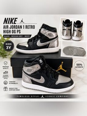 NIB Nike Air Jordan 1 Retro High OG PS Black Medium Grey White Size 3Y